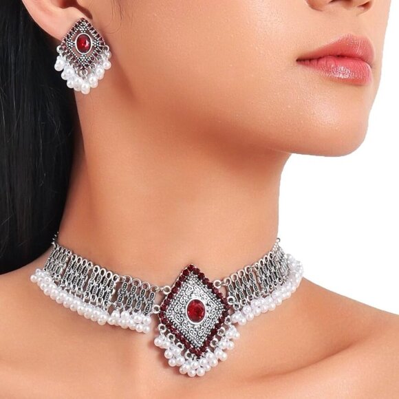 🆕 Women Red Traditional Necklace Dangling Jhumkas Perfect Indian Jewelry Gift - Picture 4 of 7